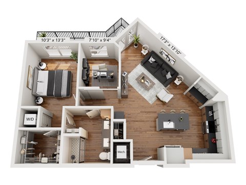 A 3D floor plan of a house with a living room, kitchen, and two bedrooms.